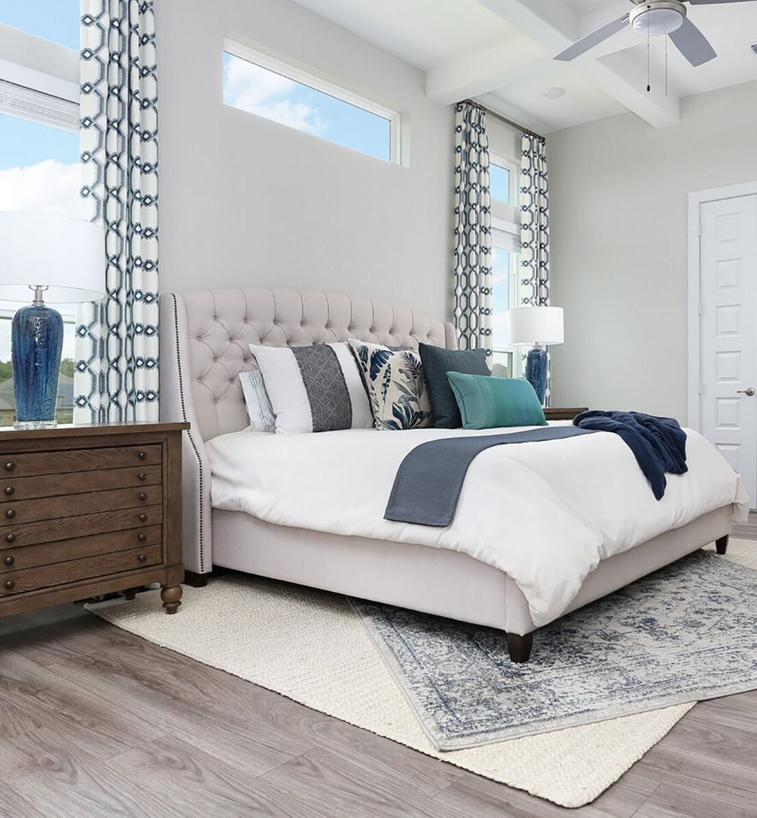 Blue and white accented bedroom